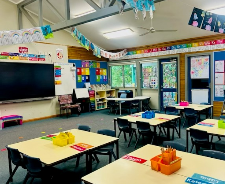 Image of inside a classroom showing desks and interactive board.