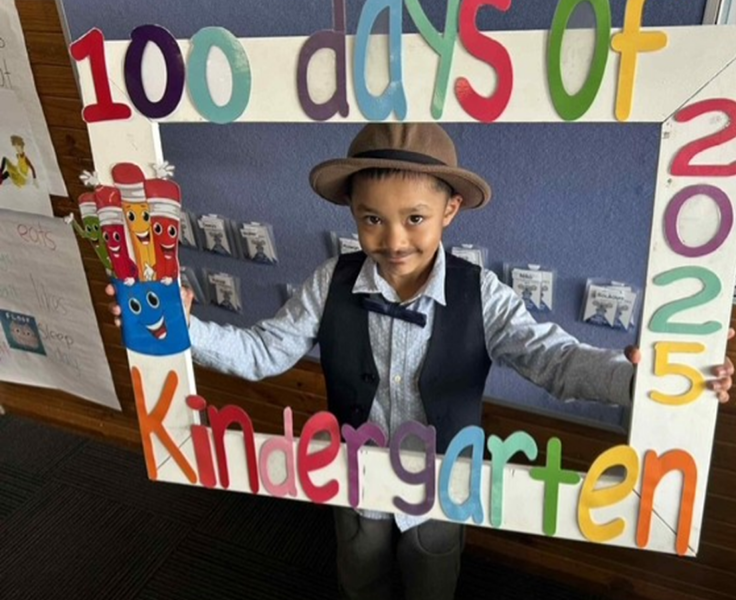 Photo of a kindergarten student dressed as a 100 year old, Celebrating 100 days of Kindy.